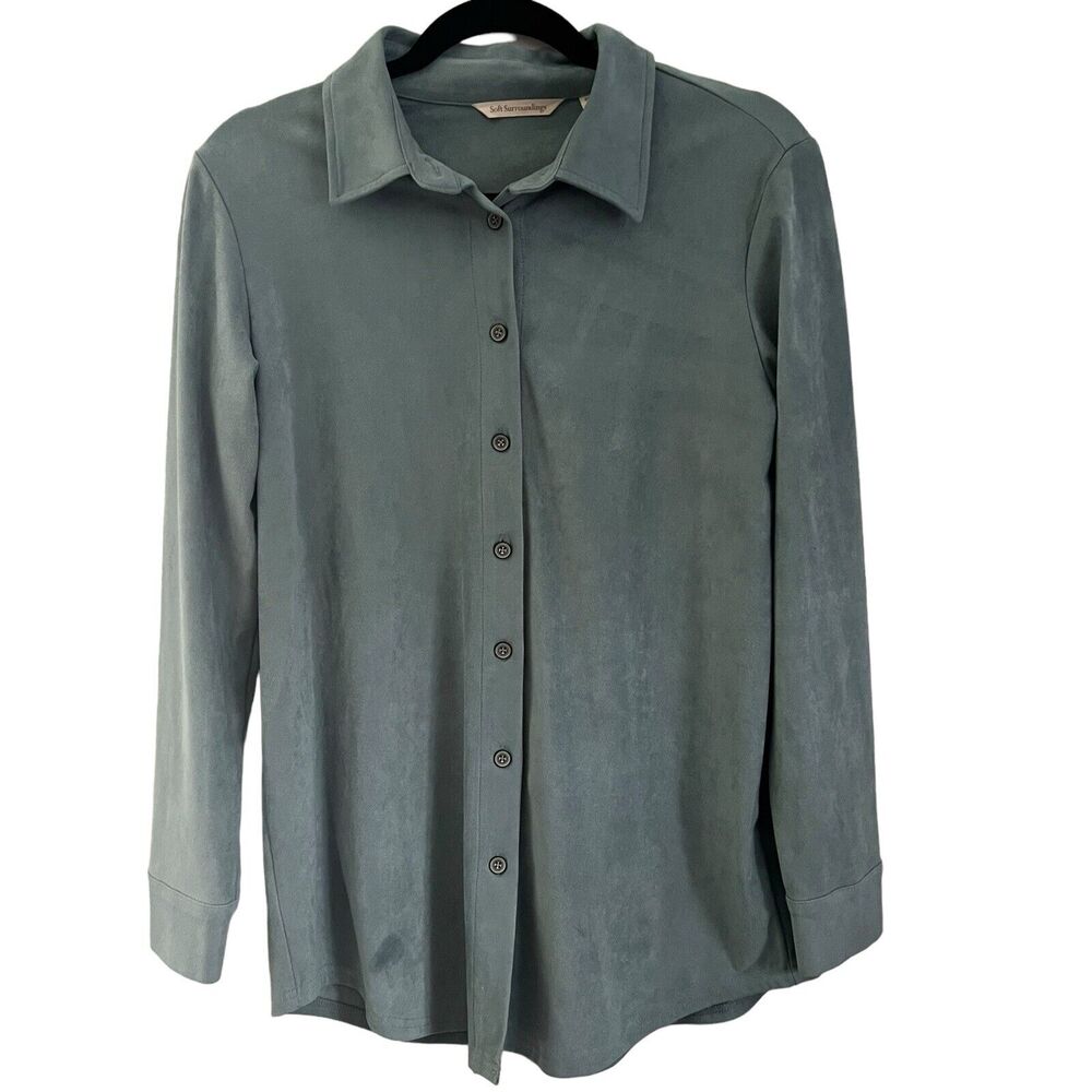 Soft Surroundings Women's‎ Faux Suede Button Up Oversized Shirt Size XS Blue